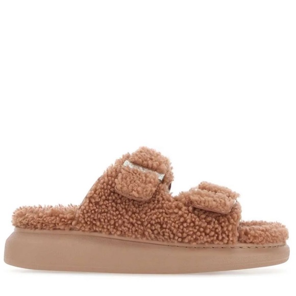New Alexander McQueen double buckle brown shearling slides main image 9